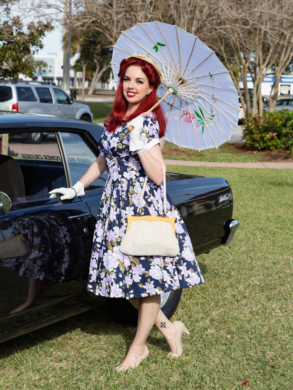 Unique Vintage Navy Floral Fit-and-Flare Dress with Lavender Roses